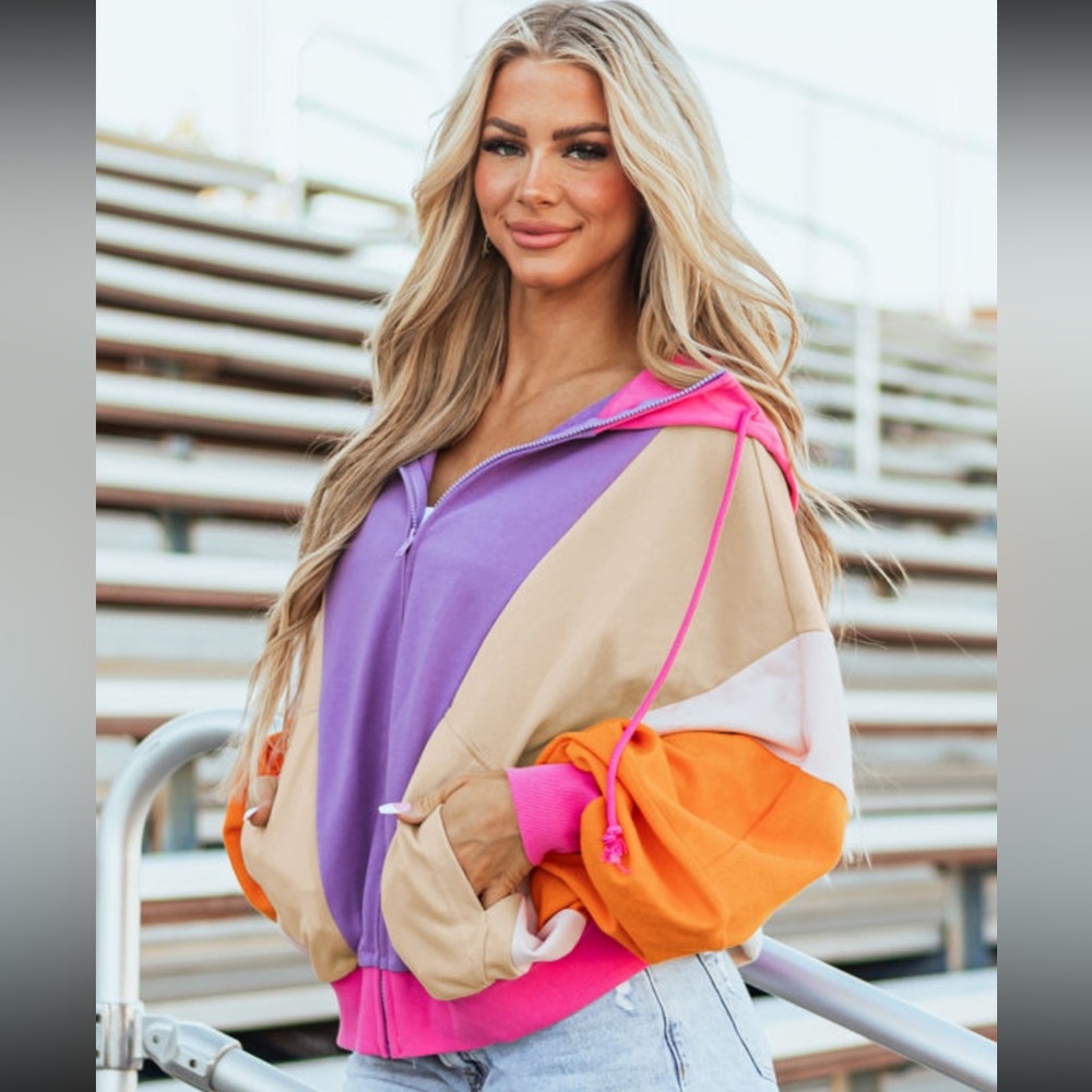 1103. ❄️Color block oversized hooded zip up jacket multi colors